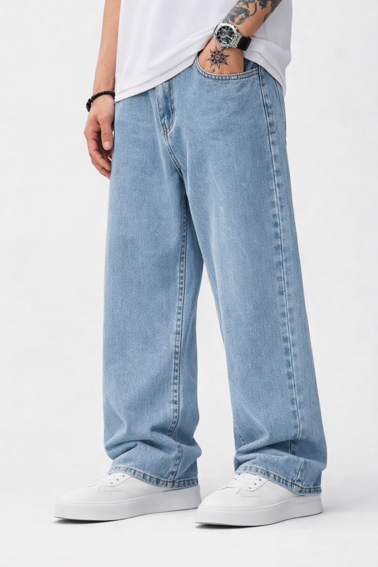 Baggy Vintage-Washed Jeans — Light Blue - Image 3